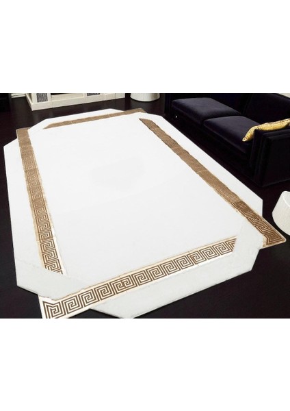 Beyaz Altın Şeritli Yumuşak Peluş Halı - Şık Salon Halısı indirimleri