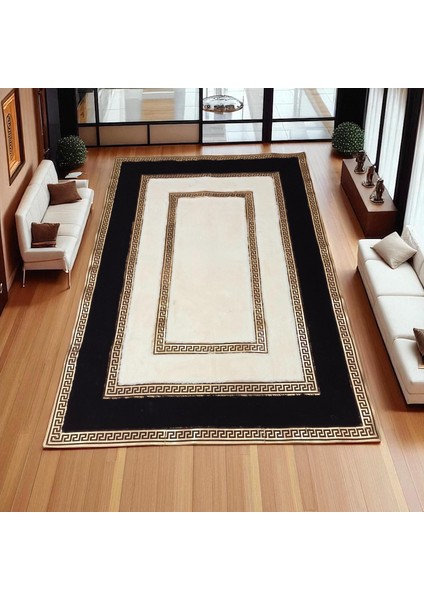 Altın Bordürlü Krem Peluş Halı - Yumuşak Şık Oturma Odası Halısı indirimleri