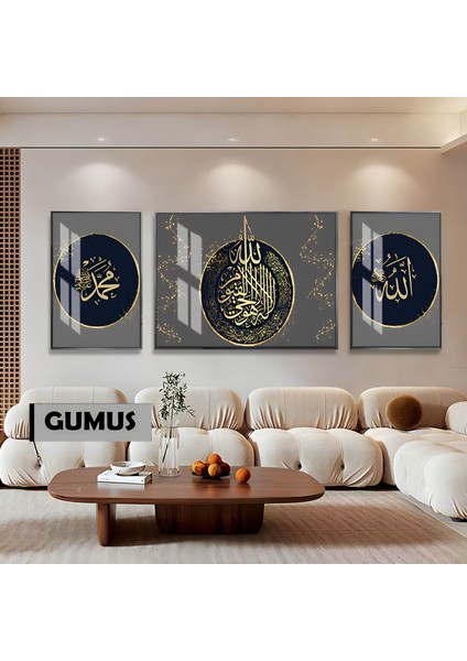 |ayetel K.-Allah-Muhammaed Dini Model|çerçeveli Temperli Cam Tablo 3lü Yatay