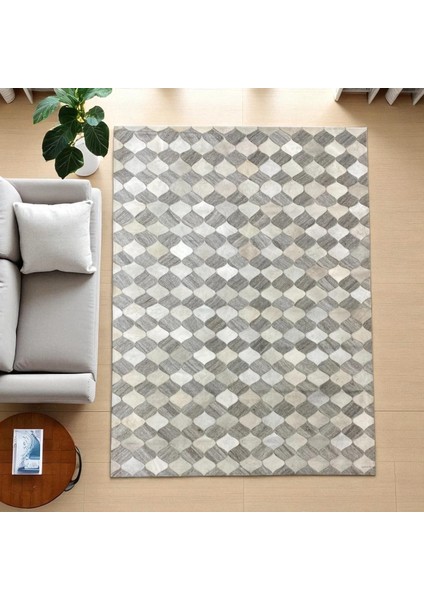 Gri Beyaz El Yapımı Halı – Doğal Dana Derisi Şık ve Modern Salon Halısı