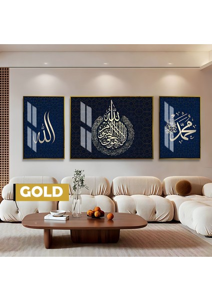 |lacivert Allah/muhammed/ayetel Kürsi Dini Modeli |çerçeveli Temperli Cam Tablo 3lü Yatay
