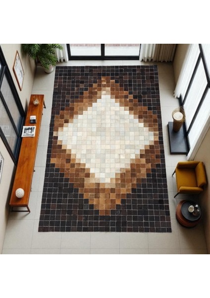 Doğal Kahverengi Bej Dana Derisi Patchwork Halı – Ortası Baklava Desenli El Yapımı Salon Halısı