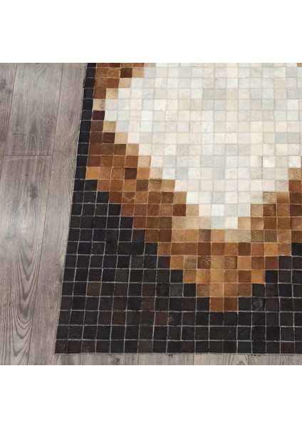 Doğal Kahverengi Bej Dana Derisi Patchwork Halı – Ortası Baklava Desenli El Yapımı Salon Halısı modelleri