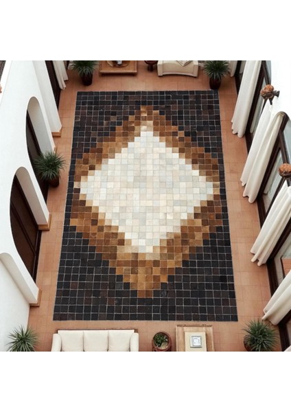 Doğal Kahverengi Bej Dana Derisi Patchwork Halı – Ortası Baklava Desenli El Yapımı Salon Halısı fırsatları