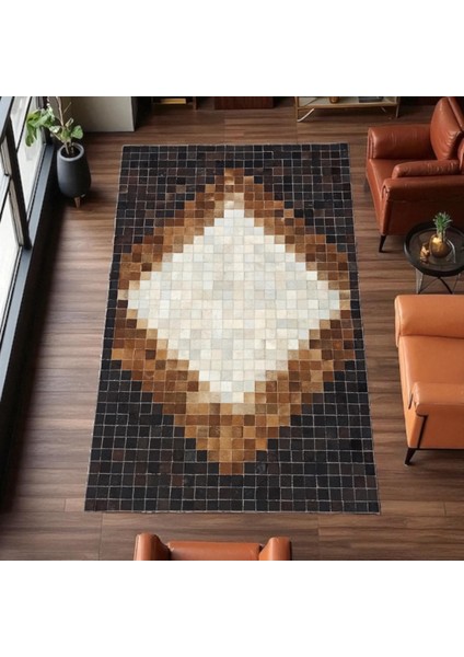 Doğal Kahverengi Bej Dana Derisi Patchwork Halı – Ortası Baklava Desenli El Yapımı Salon Halısı indirimleri