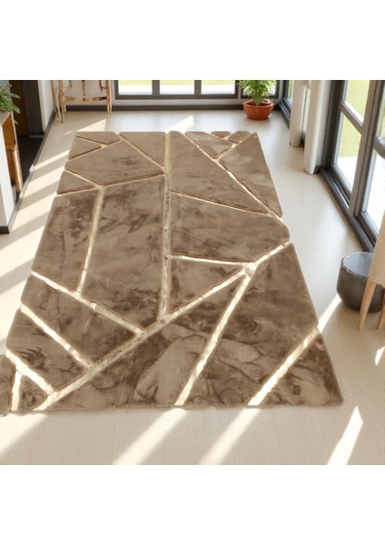 Çizgili Kahverengi Peluş Halı - Modern Salon Halısı