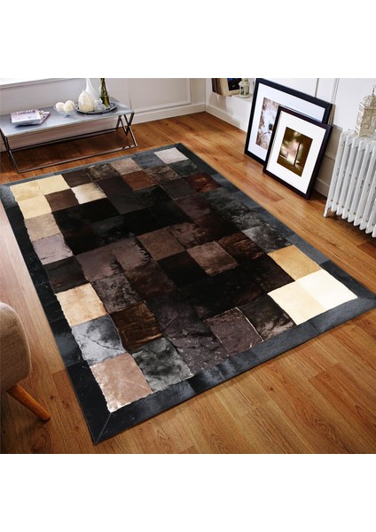 Doğal Kahverengi Siyah Dana Derisi Patchwork Ortam Halısı, Modern Tasarımlı Lüks Deri Halı