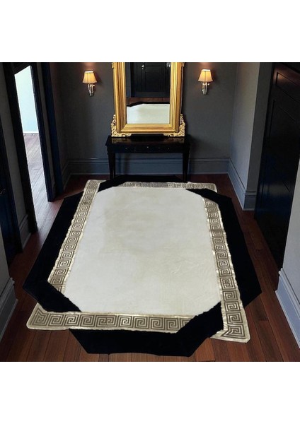 Siyah Şeritli Beyaz Peluş Halı - Yumuşak Salon Halısı fırsatları