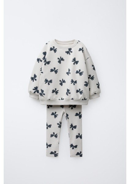 Kız Çocuk Pamuklu Krem Fiyonk Desenli Sweatshirt ve Tayt Takım