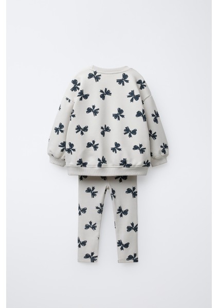 Kız Çocuk Pamuklu Krem Fiyonk Desenli Sweatshirt ve Tayt Takım fiyatları