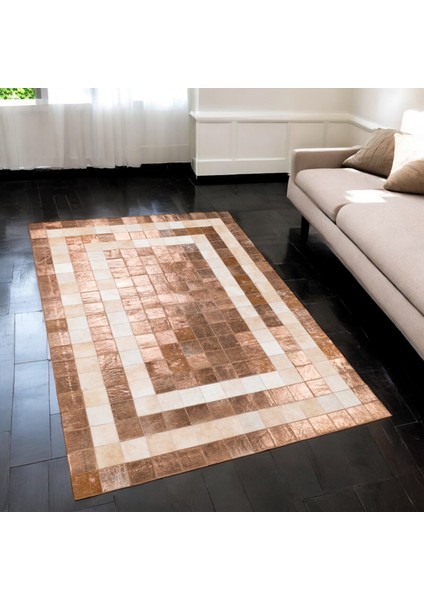 Bronz Renkli Dana Derisi Patchwork Halı – El Dokuma Hakiki Deri Lüks Dekoratif Salon Halısı fiyatları