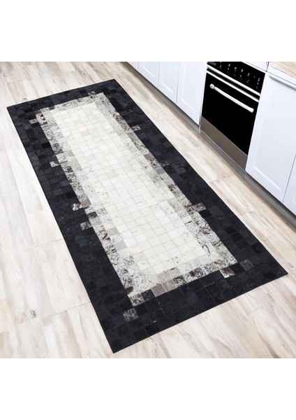Şık Antre Halısı – Gri Beyaz Siyah Renkli Dana Derisi El Yapımı Halı