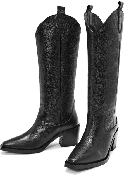 Kadın Siyah Kalın Topuklu Deri Kovboy Çizme 25WFD1525FT modelleri