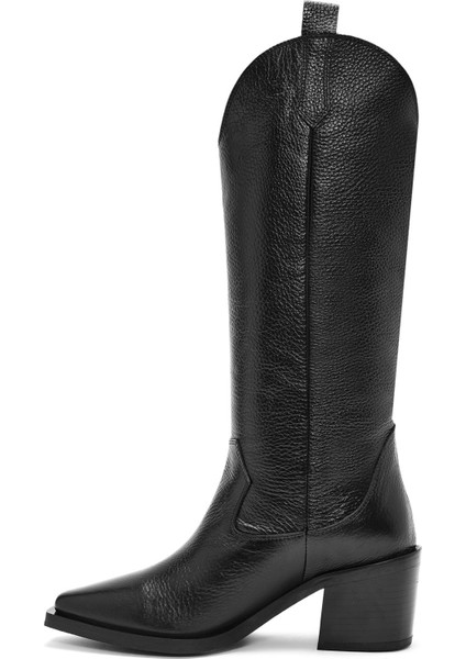 Kadın Siyah Kalın Topuklu Deri Kovboy Çizme 25WFD1525FT fırsatları