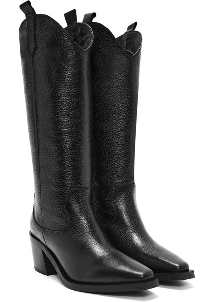 Kadın Siyah Kalın Topuklu Deri Kovboy Çizme 25WFD1525FT indirimleri