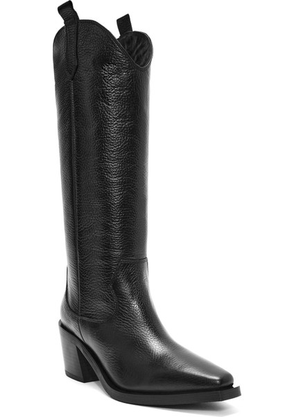 Kadın Siyah Kalın Topuklu Deri Kovboy Çizme 25WFD1525FT