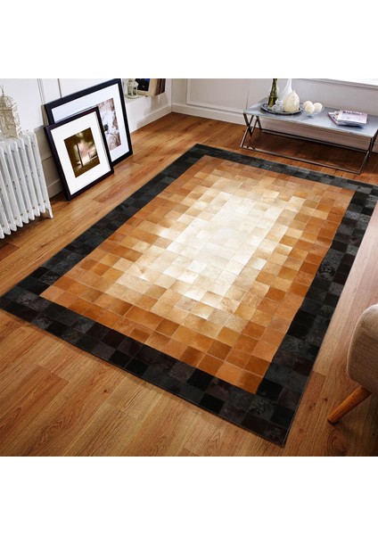 Kahverengi Bej Siyah Dana Derisi Patchwork Halı – El Dokuma Hakiki Deri Dekoratif Salon Halısı
