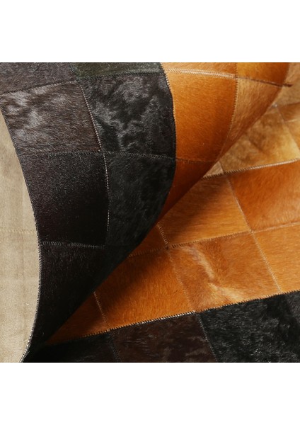 Kahverengi Bej Siyah Dana Derisi Patchwork Halı – El Dokuma Hakiki Deri Dekoratif Salon Halısı modelleri
