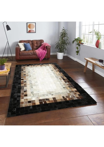 Siyah Bej Doğal Dana Derisi Düz Halı – El Yapımı Hakiki Deri Kaymaz Giriş Halısı