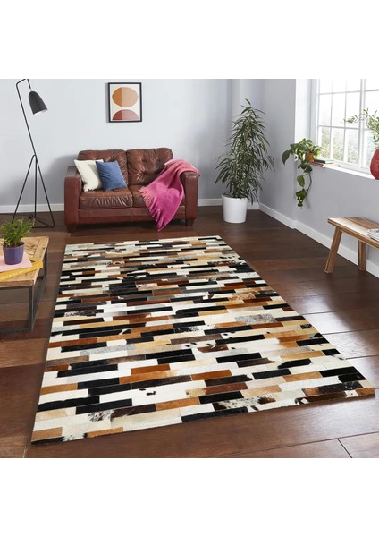 Çok Renkli Dana Derisi Patchwork Halı – Siyah Kahverengi Bej El Yapımı Hakiki Deri Şık Salon Halısı