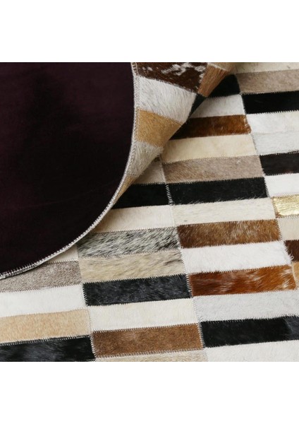Çok Renkli Dana Derisi Patchwork Halı – Siyah Kahverengi Bej El Yapımı Hakiki Deri Şık Salon Halısı fırsatları
