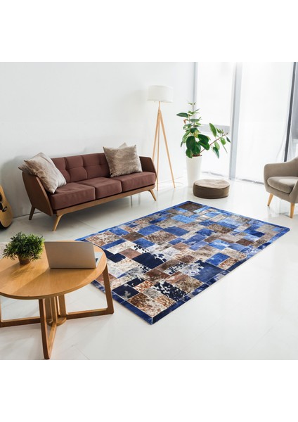 Parlak Mavi Kahve Dana Derisi Patchwork Halı – El Dokuma Hakiki Deri Dekoratif Koridor Halısı fiyatları
