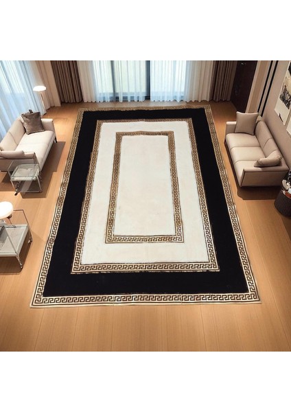 Altın Bordürlü Krem Peluş Halı - Yumuşak Şık Oturma Odası Halısı fırsatları