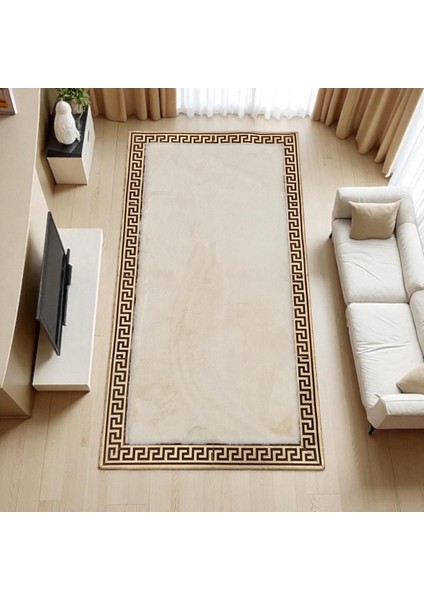 Altın Bordürlü Beyaz Peluş Halı – El Yapımı Yumuşak ve Şık Salon Halısı fırsatları