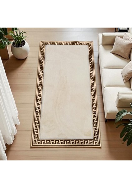 Altın Bordürlü Beyaz Peluş Halı – El Yapımı Yumuşak ve Şık Salon Halısı indirimleri