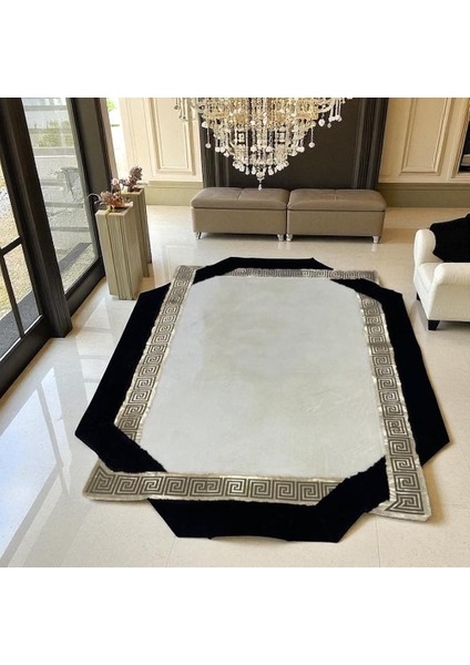 Siyah Şeritli Beyaz Peluş Halı - Yumuşak Salon Halısı