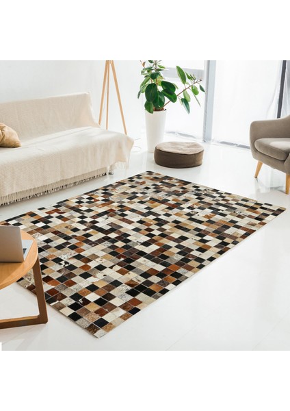 Kahverengi Tonlarda Gerçek Dana Derisi El Yapımı Halı – Dekoratif Patchwork Deri Halı