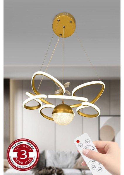 Modern 3 Renk Toplu Kelebekli Saray LED Avize Kumandalı Gold Kasa Büyük Boy Salon Tavan Lambası
