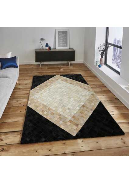 Baklava Desenli Bej Siyah Doğal Dana Derisi Patchwork Halı – El Yapımı Hakiki Deri Dekoratif Salon Halısı