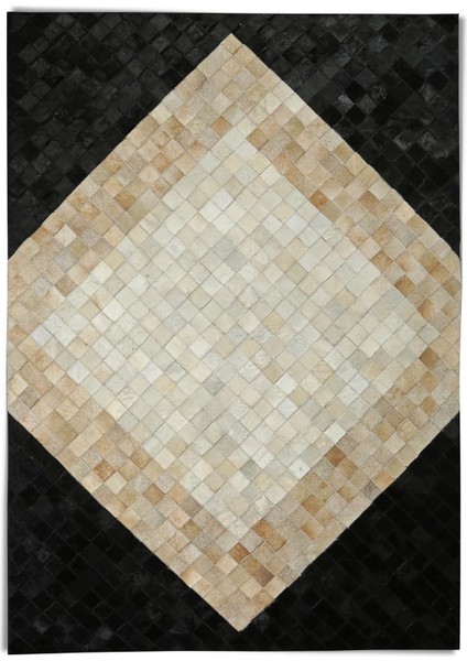 Baklava Desenli Bej Siyah Doğal Dana Derisi Patchwork Halı – El Yapımı Hakiki Deri Dekoratif Salon Halısı fırsatları