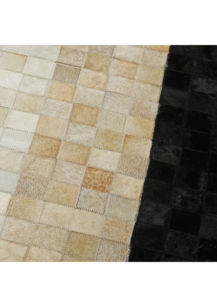 Baklava Desenli Bej Siyah Doğal Dana Derisi Patchwork Halı – El Yapımı Hakiki Deri Dekoratif Salon Halısı indirimleri