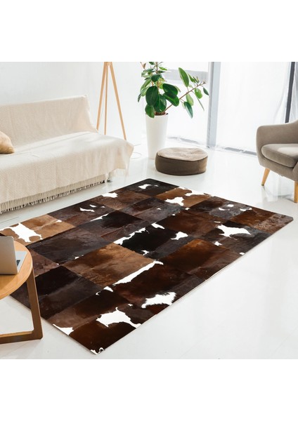 Kahverengi Beyaz Gerçek Dana Derisi Patchwork Halı – El Yapımı Doğal Deri Dekoratif Salon Halısı