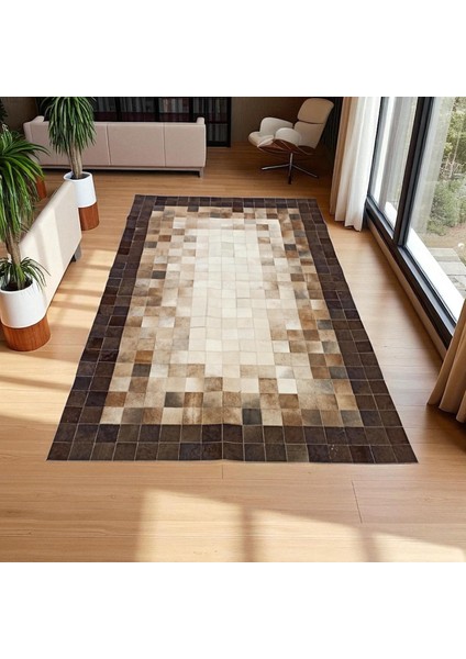 Kahverengi Bej Dana Derisi Patchwork Halı, Şık Dekoratif Salon ve Oturma Odası Halısı, Kaymaz Tabanlı Halı