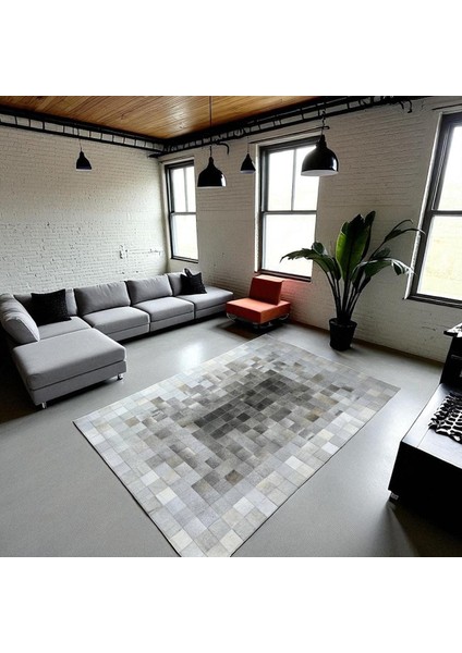 Gri Doğal Dana Derisi Patchwork Halı, Modern Tasarımlı Şık Hakiki Deri Halı, Kaymaz Tabanlı Halı