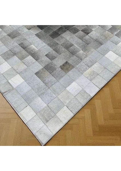 Gri Doğal Dana Derisi Patchwork Halı, Modern Tasarımlı Şık Hakiki Deri Halı, Kaymaz Tabanlı Halı modelleri
