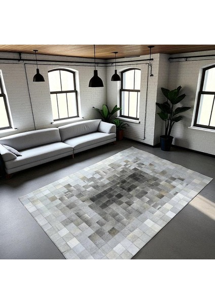 Gri Doğal Dana Derisi Patchwork Halı, Modern Tasarımlı Şık Hakiki Deri Halı, Kaymaz Tabanlı Halı indirimleri