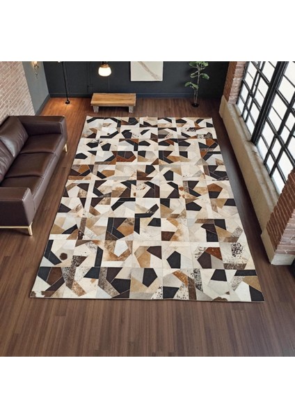 El Yapımı Dana Derisi Patchwork Halı – Modern ve Şık Salon Halısı