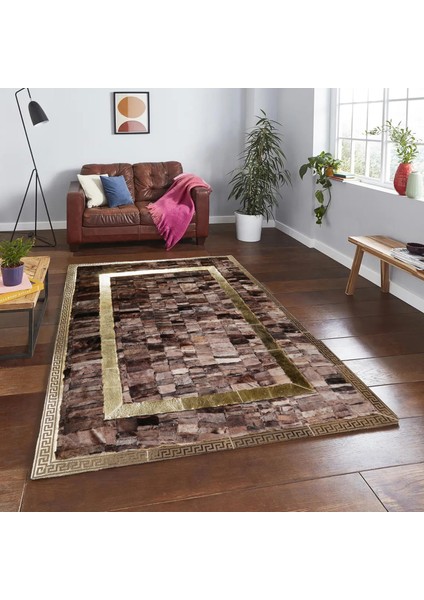 Altın Kenarlı Parlak Kahverengi Toskana Halı, Lüks Salon Halısı, Şık ve Modern Tasarımlı Halı
