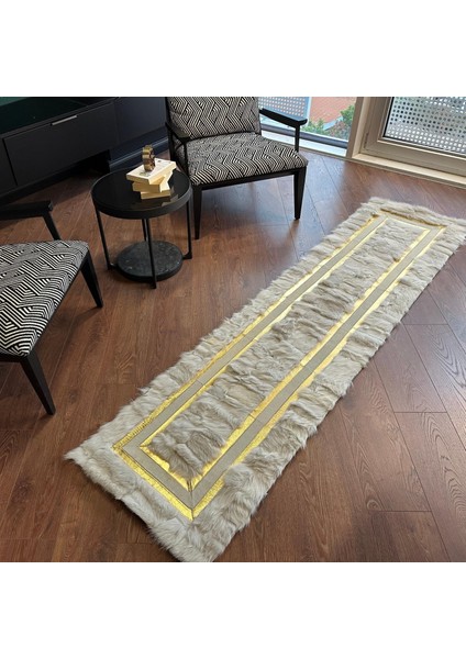 Altın Kenarlı Krem Toskana Koyun Derisi Halı, Şık Salon Halısı, Kaymaz Tabanlı Halı