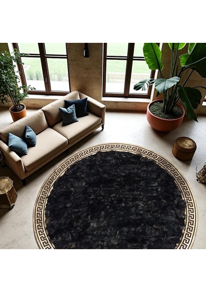 Şık Siyah Yuvarlak Toskana Derisi Halı - Lüks Salon Halısı, Modern Yuvarlak Salon Halısı indirimleri