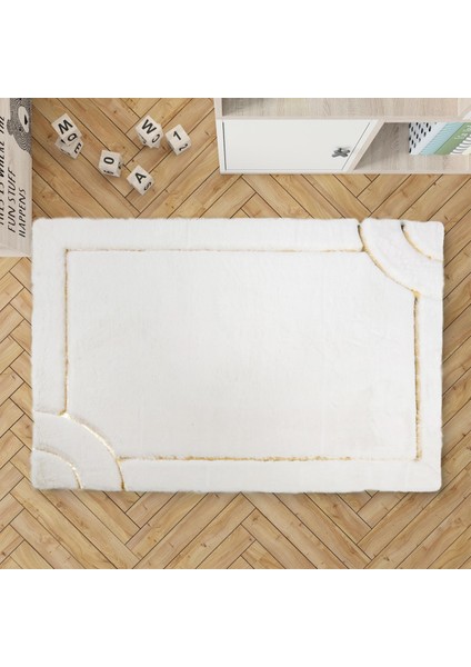 Beyaz Altın Varaklı Yumuşak Peluş Halı - Şık Salon Halısı