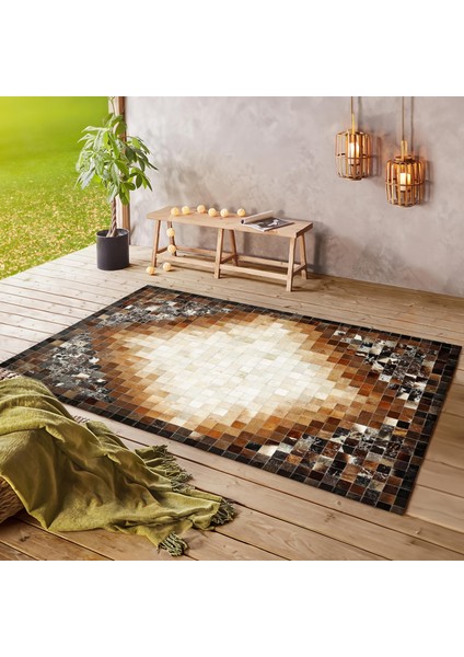 Kahverengi Doğal Dana Derisi Patchwork Halı – El Dokuma Gerçek Deri Kaymaz Salon Halısı