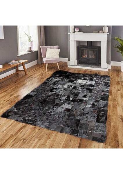 Parlak Siyah Dana Derisi Patchwork Halı, Lüks Oturma Odası Halısı, Kaymaz Taban Özellikli
