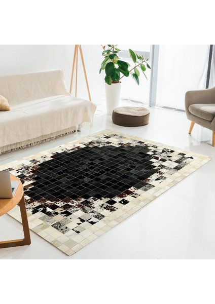 Siyah Bej Dana Derisi Patchwork Halı, Modern Tasarımlı Lüks Deri Halı, Kaydırmaz Tabanlı