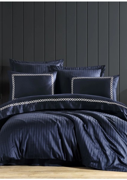 Nüans Nakışlı Pamuk Saten Yollu Çift Kişilik Nevresim Takımı-Lacivert