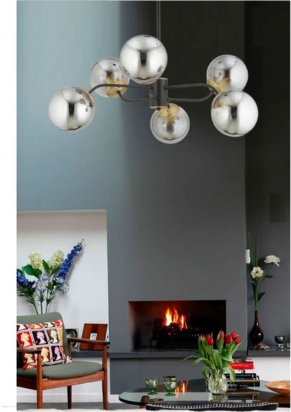 Modern Füme Glop Camlı Altılı Siyah Avize, Şık ve Zarif Tasarım.